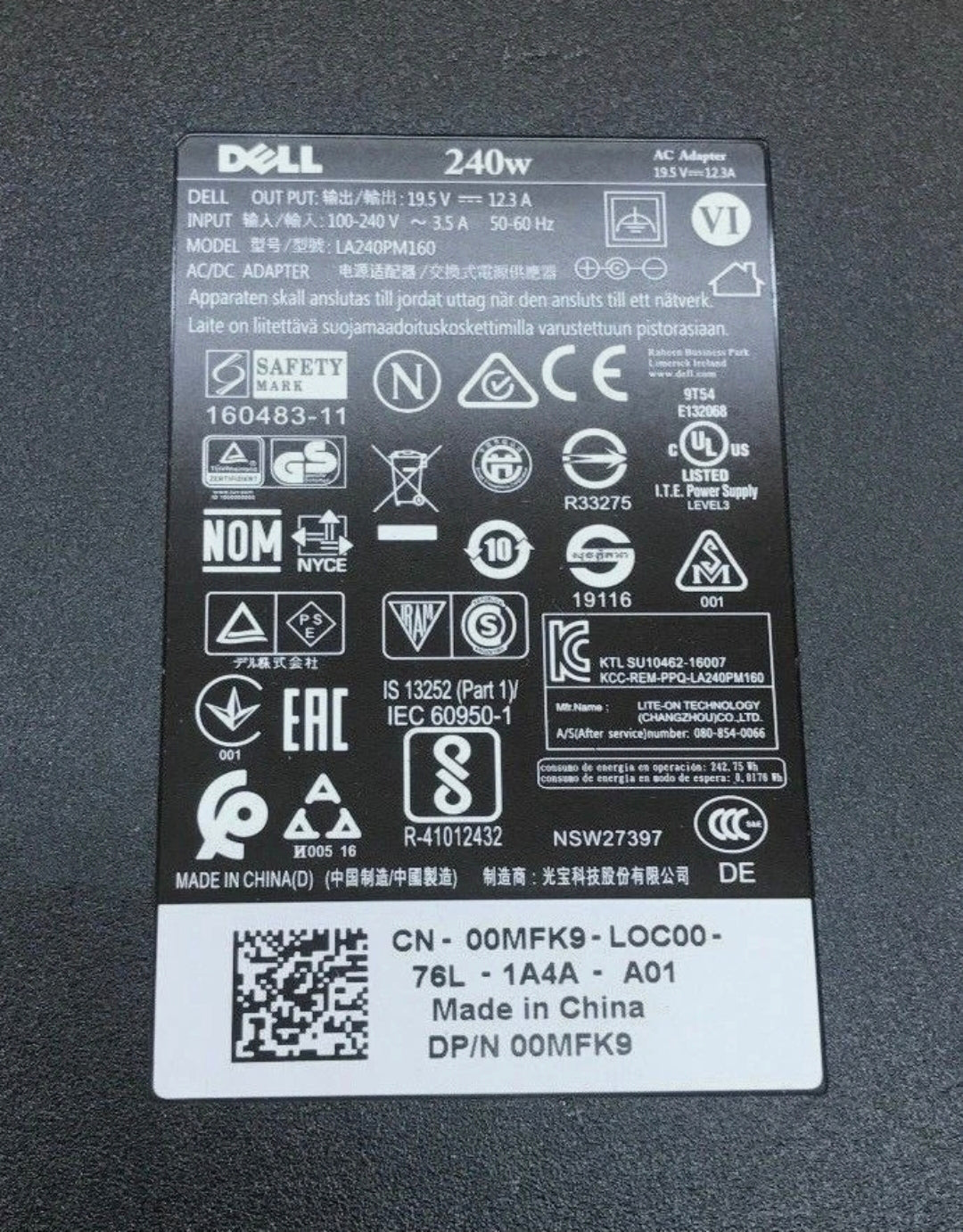 DELL LAPTOP CHARGER 240W 19.5V 12.3A GENUINE Original ( 7.4 MM ) ( 1 Yr Warranty ) Model No : Dell Alienware 17 R2