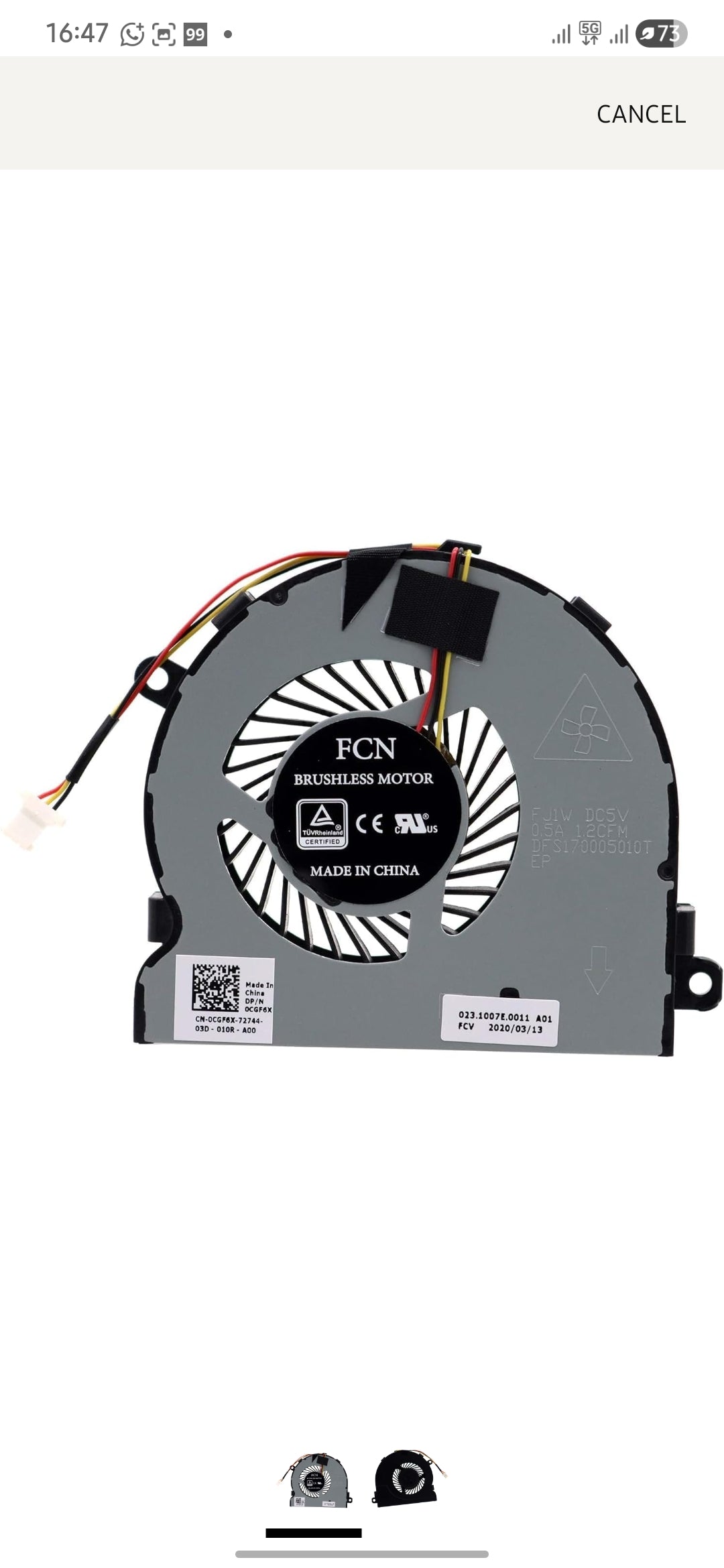 Original FAN Dell Inspiron 15 3000 P/N : 0CGF6X , CGF6X