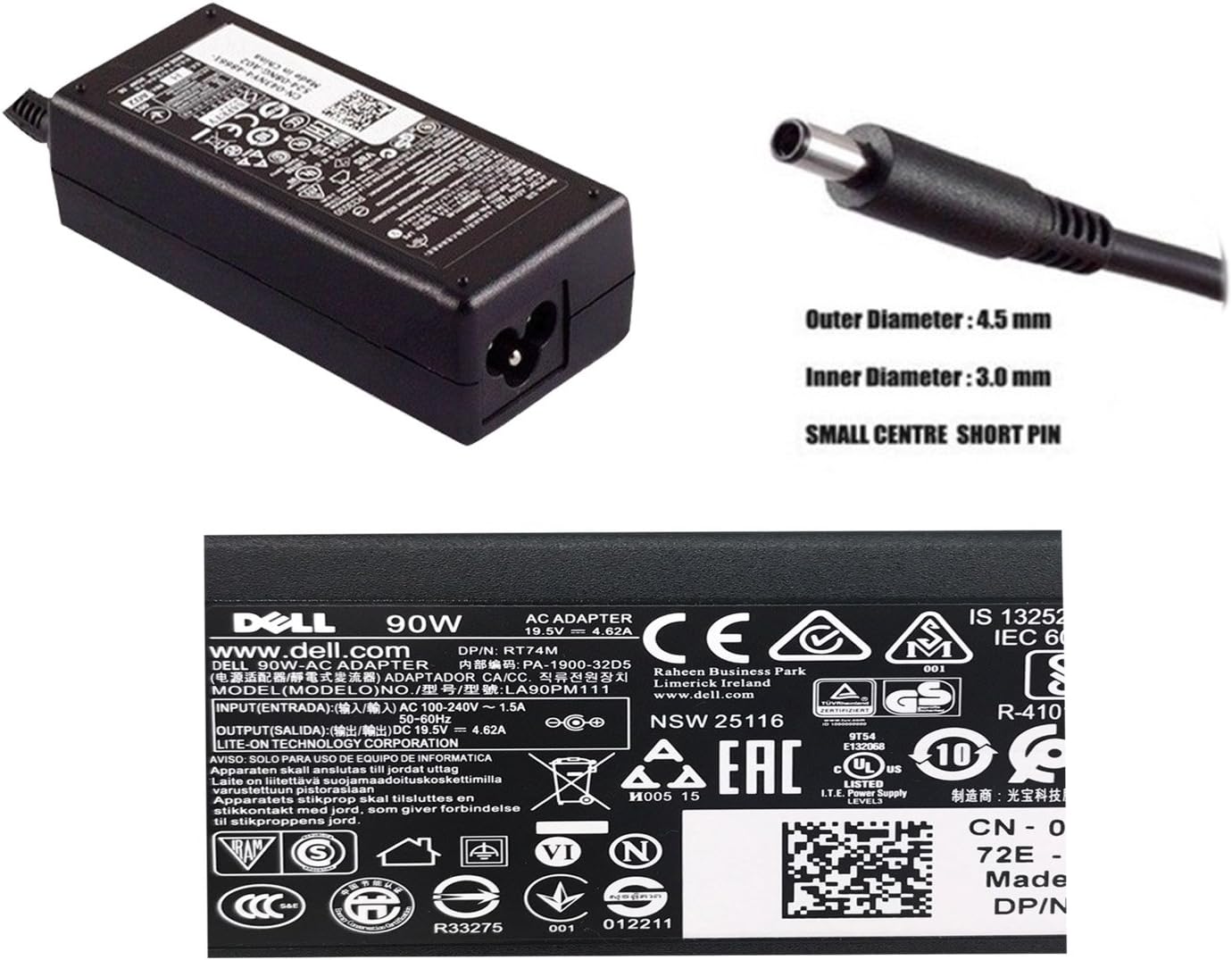 DELL LAPTOP CHARGER 90W 19.5V 4.62A GENUINE Original Adapter ( 4.5 MM ) ( 1 Yr Warranty ) Model No : Optiplex 5070 Micro